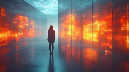 Poster - Futuristic corridor showcasing digital light patterns with a figure standing in a reflective space : Generative AI