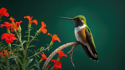 Poster - an annas hummingbird perched in summer on a curved stem of crocosmia lucifer against a backdrop of g