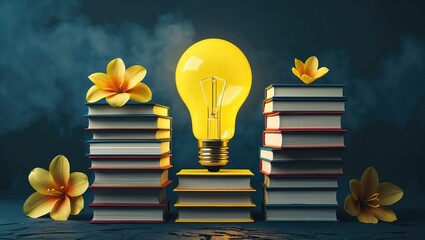 Poster - yellow bulb illuminating stacks of books symbolizes intelligence and creative thinking in a visually
