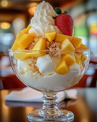 Aufkleber - Delicious fruit sundae topped with whipped cream and strawberry in a glass bowl : Generative AI