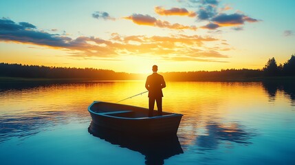 Poster - Regal sunset view over a serene lake with a lone fisherman reflecting on the calm water : Generative AI