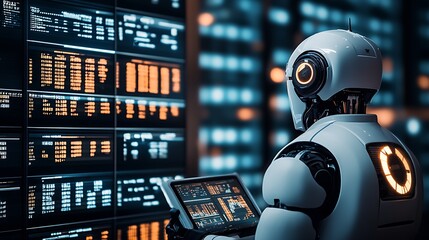 Poster - Futuristic robot analyzing data on high-tech screen with vibrant display of information and graphs : Generative AI