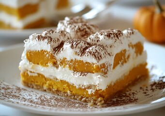 Poster - Delicious layered pumpkin dessert with creamy frosting and cocoa dusting on top served on a white plate : Generative AI