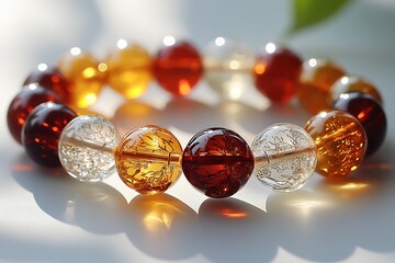Poster - Beautiful amber and clear resin beaded bracelet showcasing intricate designs and warm colors : Generative AI