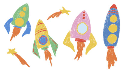 Kids chalk drawings rocket in space big set. Collection freehand child baby hand drawn scribble elements. Different colorful textured spaceship, galaxy star ship, comet. Vector illustration isolated