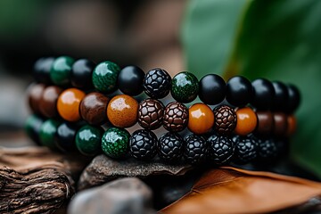 Poster - Elegant bead bracelets made of natural stones and wood arranged beautifully against a natural backdrop : Generative AI