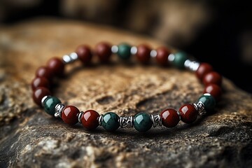 Poster - Elegant gemstone bracelet with red and green beads set against a rustic stone background : Generative AI