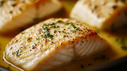 Aufkleber - Deliciously Cooked White Fish Served in a Flavorful Pan Sauce with Fresh Herbs : Generative AI