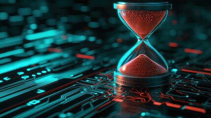Poster - A futuristic hourglass sits on a digital circuit board, blending themes of time and technology with glowing red sand.