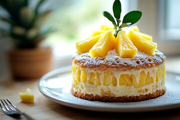 Poster - Delicious pineapple cream cake garnished with fresh pineapple slices on top in a bright setting : Generative AI