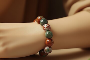 Poster - Charming gemstone bracelet worn on wrist showcasing vibrant beads of red and green in a stylish arrangement : Generative AI