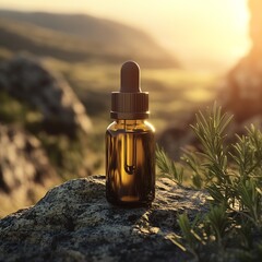 Poster - Golden tinted essential oil bottle on a rock in sunset with lush green background : Generative AI
