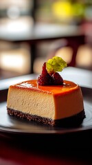 Poster - Delicious slice of creamy cheesecake topped with fresh strawberries and caramel on a dark plate : Generative AI