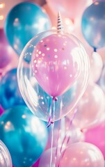 Poster - Colorful assortment of balloons in festive setting with unicorn themed decorations and cheerful atmosphere : Generative AI