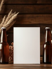 Aufkleber - Blank white canvas poised between two dark beer bottles set against a rustic wooden backdrop for versatile designs : Generative AI