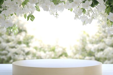 Poster - Elegant Floral Arrangement with Soft Focus Background and Wooden Display Stand : Generative AI