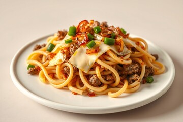 delicious pasta dish with cheese, peppers, and herbs on white plate