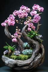 Poster - Elegant Floral Arrangement Featuring Pink Orchids and Succulents in Artistic Wooden Structure : Generative AI