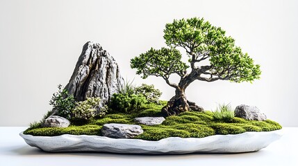 Aufkleber - Elegant Bonsai Tree Display Amidst Natural Rocks Offering Tranquility and Aesthetic Appeal : Generative AI