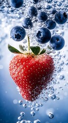 Poster - Close Up of Bubbles Surrounding Fresh Strawberries and Blueberries in Sparkling Drink Image : Generative AI