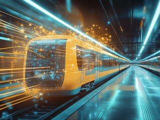 Poster - Futuristic high-speed train moving through a dynamic digital space with glowing lights : Generative AI