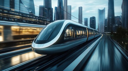 Poster - Advanced high-speed train moving rapidly along a futuristic city rail system : Generative AI
