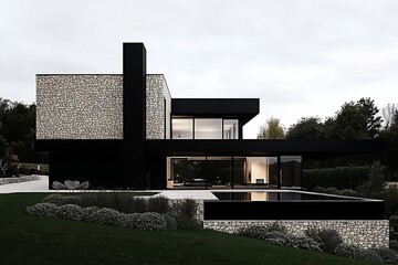 Poster - Elegant view of a stylish black stone house with lush greenery and a stunning swimming pool : Generative AI