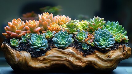 Poster - Lively display of diverse succulents thriving in a naturally textured wooden vessel capturing attention : Generative AI