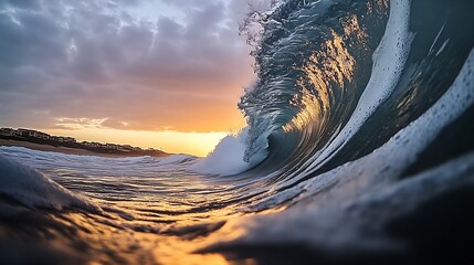 Poster - Stunning Wave at Sunset Captured in Vibrant Colors and Dynamic Motion : Generative AI