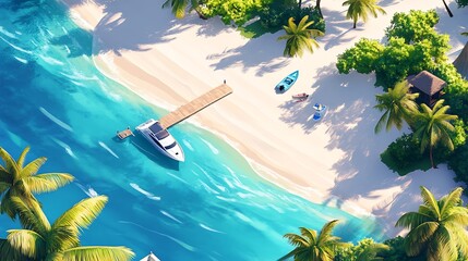 Poster - Aerial View of a Tropical Paradise Featuring a Beautiful Beach with Palm Trees and a Yacht : Generative AI