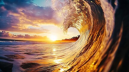 Poster - Magnificent sunset view through a breaking ocean wave capturing vibrant colors and textures : Generative AI