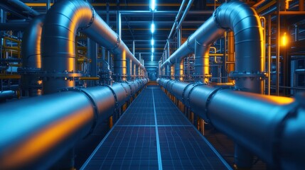 Poster - The image depicts a modern industrial pipeline system illuminated with blue and orange lights, showcasing a network of interconnected pipes.