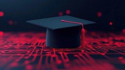 Poster - A graduation cap rests on a digital circuit background, symbolizing the intersection of education and technology.