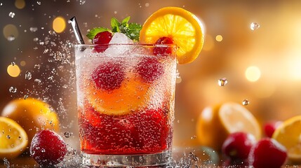 Aufkleber - Chilled carbonated drink garnished with berries and citrus in a sparkling glass : Generative AI