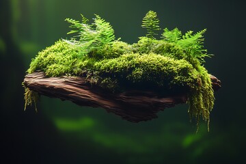 Aufkleber - Lush Green Moss and Ferns Growing on Wooden Log in a Dark Environment : Generative AI