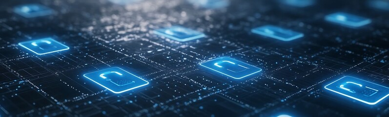 Fototapete - Digital interface with glowing icons and a matrix of data points, representing technology and connectivity.