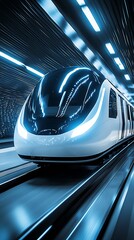 Poster - Dynamic futuristic train racing through a high-speed tunnel enhanced with electric blue lights : Generative AI