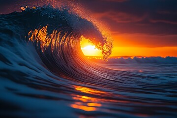 Poster - Captivating close-up of a dynamic wave illuminated by a stunning sunset : Generative AI
