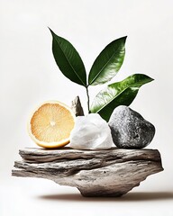 Poster - Eye-catching display of lemon and greenery on an artistic wooden block with natural stones for home styling : Generative AI