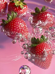 Poster - Artistic depiction of strawberries submerged in water with bubbles showcasing their vibrant color and fresh appeal : Generative AI