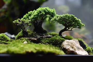 Aufkleber - Artistic display featuring multiple bonsai trees on a rock base with vibrant moss creating an enchanting scene : Generative AI