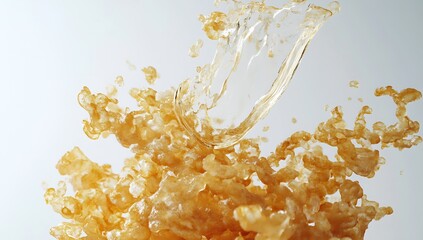 Poster - High resolution splash photo of golden crispy textures with water droplets and airy bubbles in dynamic motion : Generative AI