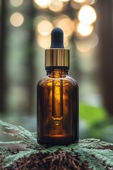 Aufkleber - Sophisticated amber glass dropper bottle resting among lush greenery illuminated by soft morning light : Generative AI