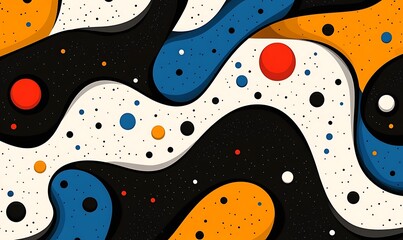 Poster - Abstract design with colorful waves and dots on a black and white background.