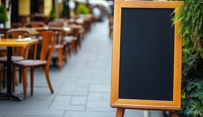 Aufkleber - Charming outdoor restaurant with wooden frame chalkboard ready for menu updates and special offers : Generative AI