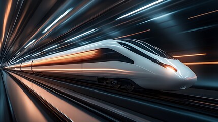 Poster - Elegant high-speed train gliding effortlessly through a bright futuristic corridor of light : Generative AI