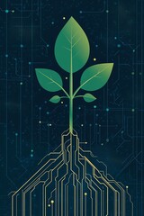 Poster - Illustration of a flourishing plant with roots composed of digital circuits symbolizing tech and environmental harmony : Generative AI