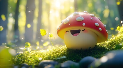 Poster - Colorful smiling mushroom surrounded by lush greenery in a magical forest setting : Generative AI