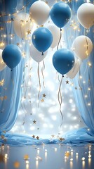 Poster - Elegant blue and white balloon arrangement with sparkly stars perfect for celebrations : Generative AI