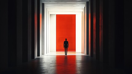 Poster - A Sole Figure Positioned In A Hallway Aimed At A Luminous Red Wall Creating Drama : Generative AI